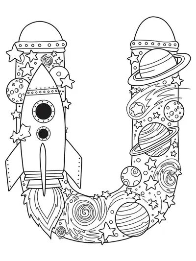 Letter U coloring page as a detailed rocket with stars and planets for preschool children