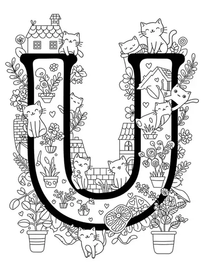 Letter U with playful cats, rooftop outlines, and potted plants in a city-themed coloring page for teens.