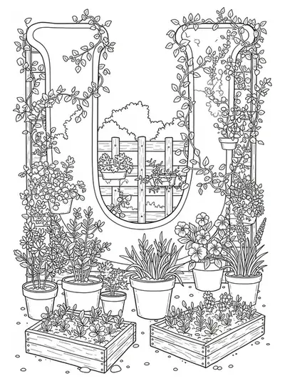 Letter U positioned in the center of raised garden beds, potted plants, and flowers in an urban garden.