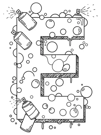 Letter E in graffiti style with spray paint cans and urban elements, easy outlines