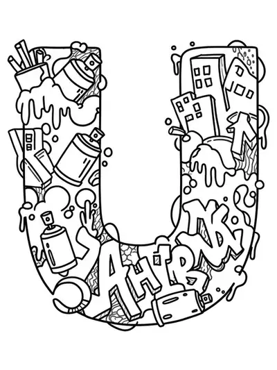 Simple line art Letter U with graffiti-inspired urban elements, easy for teen coloring.