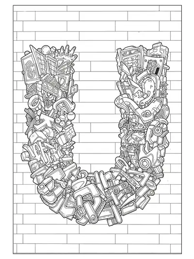 Complex graffiti-style letter U with detailed patterns, street art motifs, and urban elements for teens to color.