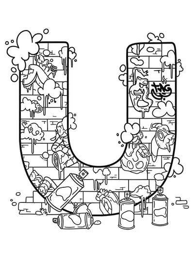 Letter U with graffiti art elements, spray cans, and brick wall background, designed for teen coloring.