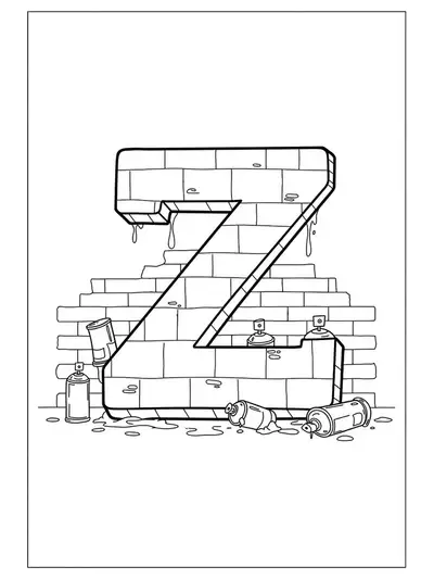 Outlined letter Z in graffiti style, with a brick wall and spray paint cans around it