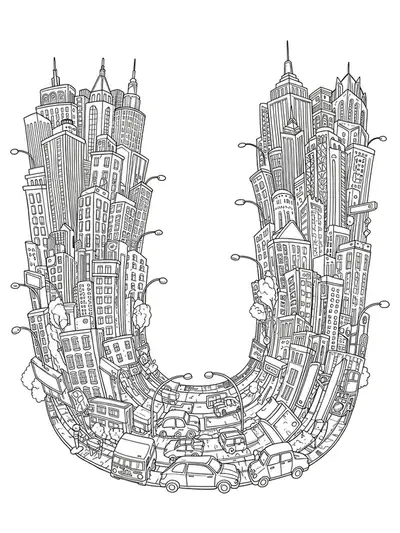 Large letter U surrounded by detailed city buildings, cars, and urban patterns for coloring.