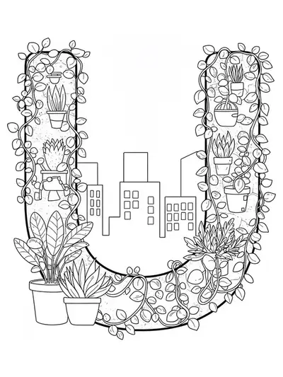 Letter U with simple city skyline and leafy plant designs, easy for teens to color.