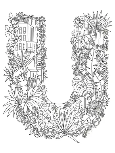 The letter U entwined with city buildings and lush plants in a medium-complexity coloring page.