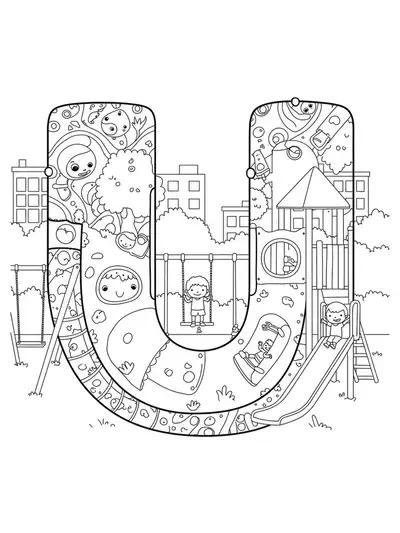 Letter U coloring page with an intricate urban playground, slides, swings, and children for preschoolers