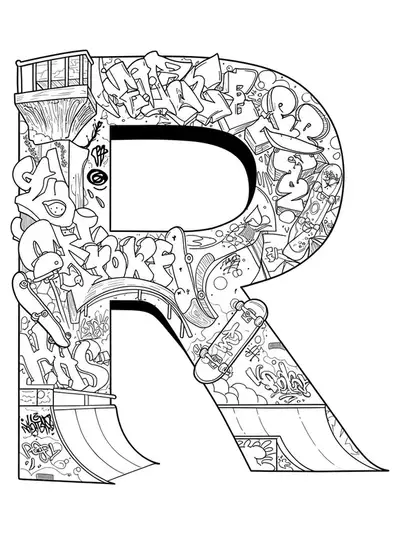 Letter R merged with skatepark ramps, rails, and skateboards with graffiti for a hard teen coloring page.