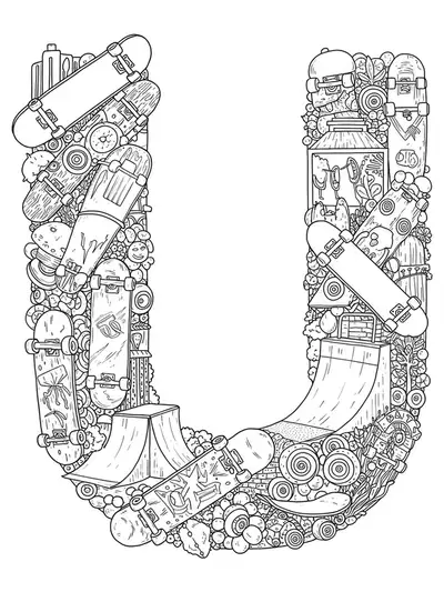 Intricately designed letter U with skateboards, ramps, wheels, and urban cityscape elements for teens who enjoy skateboarding.