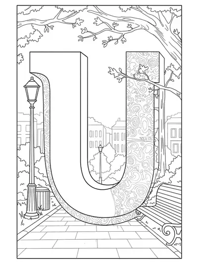 Letter U integrated into an urban sketch with lamp posts, benches, and trees.