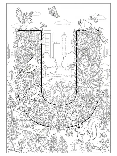Letter U encircled by urban wildlife like birds, squirrels, and butterflies in city greenery.