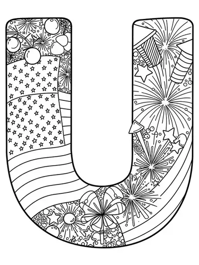 Patriotic letter U coloring page decorated with detailed USA flag, stars, stripes, and fireworks for preschoolers