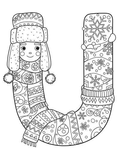 Letter U wearing a detailed ushanka hat, surrounded by snowflakes and scarves.