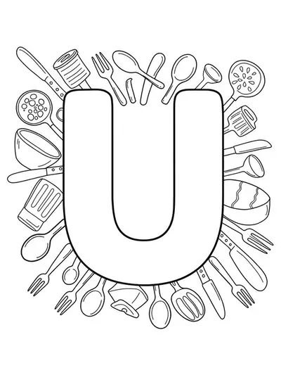 Letter U coloring page with complex utensil designs including forks, spoons, and bowls for preschoolers