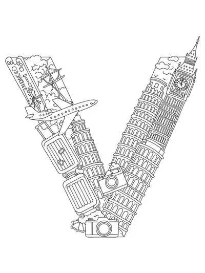 Line art of the letter V decorated with travel icons like suitcases, planes, and landmarks, medium detail for elementary students.