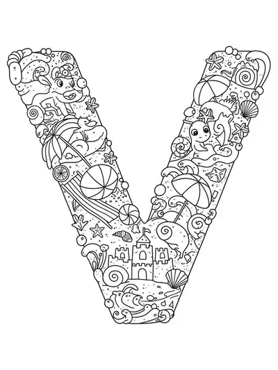 Beach vacation coloring page with the letter V, sandcastles, umbrellas, and waves for preschoolers.
