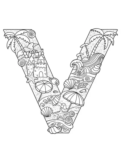 Detailed beach scene with sandcastles, seashells, waves, and palm trees around the letter V for hard coloring.