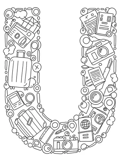 Letter U with travel icons like suitcase, camera, and passport, designed for easy coloring.