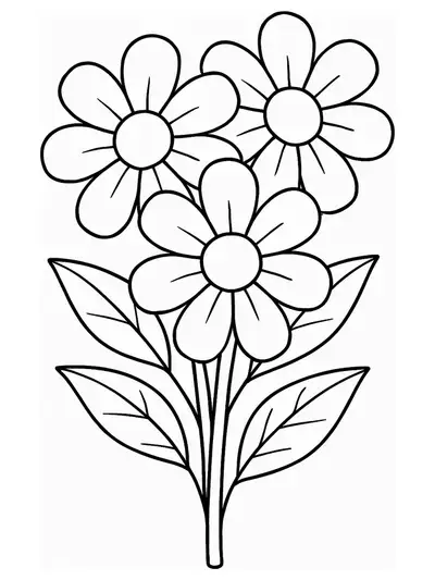 Coloring page with big simple flowers in a bouquet, easy for preschoolers.