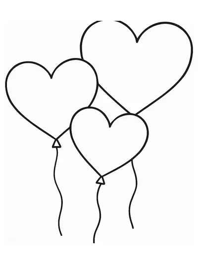 Easy coloring page with large heart-shaped balloons for preschool Valentine's Day activity.