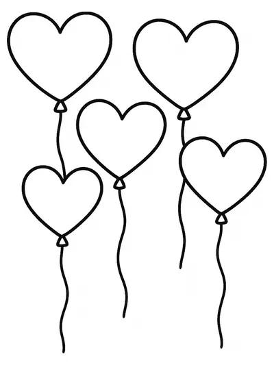 Easy coloring page of several heart balloons with ribbons, floating in the sky.