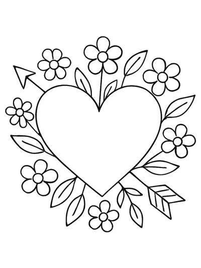 A big heart with simple flowers and arrows for Valentine's Day, easy coloring page.