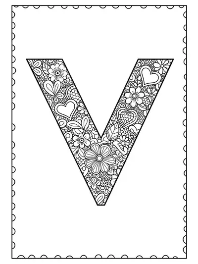 Detailed Valentine’s Day coloring page with the letter V, hearts, and floral patterns for preschoolers.