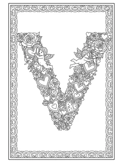 Detailed Valentine’s Day coloring page with the letter V, surrounded by hearts, cupids, and roses for hard-level coloring.