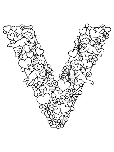 Outline drawing of the letter V with Valentine’s Day hearts, flowers, and cupids, medium detail for elementary children.