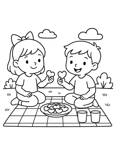 Two kids sitting on a picnic blanket with heart-shaped cookies and drinks, with simple trees in the background.