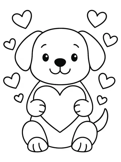 Simple coloring page of a puppy holding a heart with hearts in the background