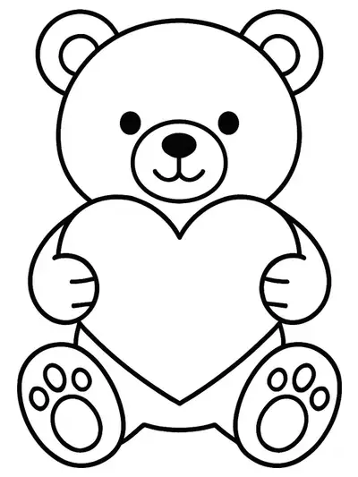 Preschool coloring page of a smiling teddy bear holding a large heart.
