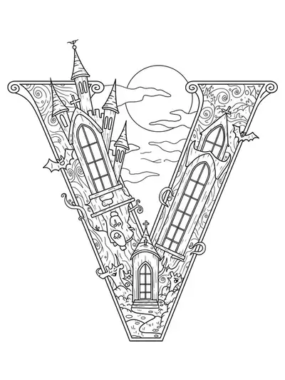 Intricate vampire and haunted castle scene with bats and spooky details around the letter V for hard-level coloring.