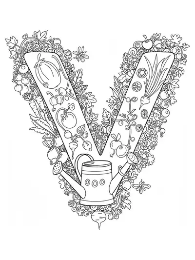 Detailed vegetable garden scene with carrots, tomatoes, and garden tools around the letter V for hard coloring.