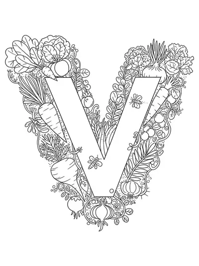 Complex garden and vegetable theme coloring page with the letter V for preschool children.