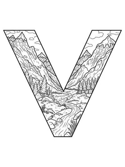 The letter V integrated into a detailed mountain valley scene with hills, rivers, rocks, and intricate foliage.