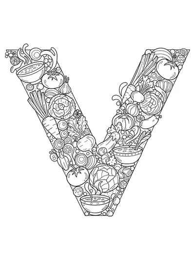 Vegetable soup-themed coloring page with the letter V and detailed veggies for preschoolers.