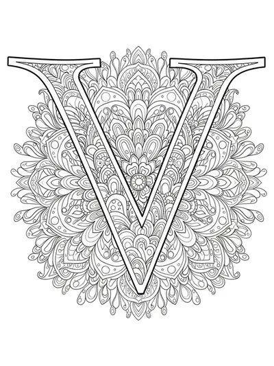 The letter V at the center of an intricate vegetal mandala with symmetrical leaves, flowers, and organic patterns.
