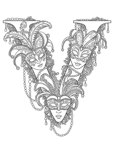The letter V decorated with intricately detailed Venetian masks, feathers, lace, and carnival beads.