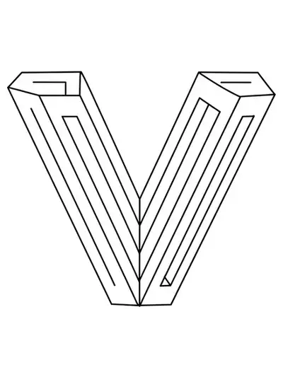 The letter V integrated into a complex optical illusion with impossible shapes, tessellations, and 3D patterns.