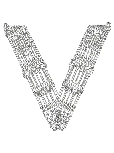 Intricate Victorian architectural details forming the letter V, with complex patterns and decorative elements.