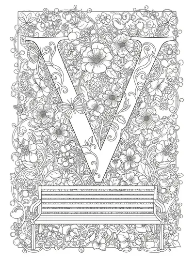 Intricate Victorian garden with ornate flowers, vines, butterflies, benches around the letter V for hard-level coloring.