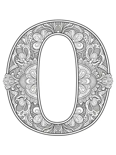Letter O decorated with detailed Victorian lace patterns and delicate flowers, hard level for adult coloring