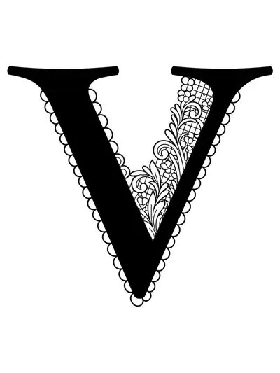 Intricate line art of the letter V surrounded by Victorian lace patterns, suitable for adult coloring.