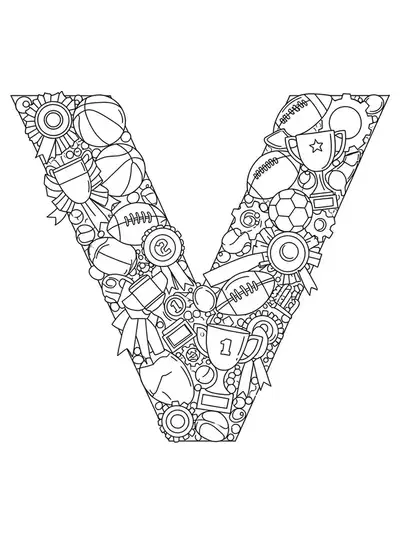 Sports-themed coloring page with the letter V, trophies, balls, and ribbons for preschool.