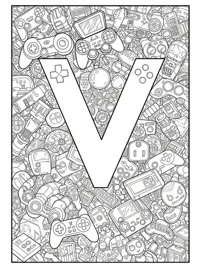 Complex video game world with controllers, pixel patterns, and gaming icons around letter V for hard coloring.