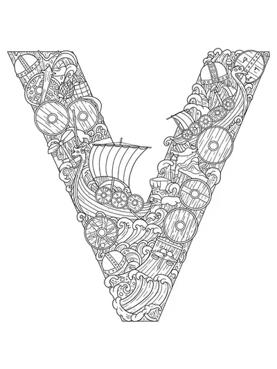 Intricate Viking ship and Norse elements with shields and helmets around the letter V for hard-level coloring.