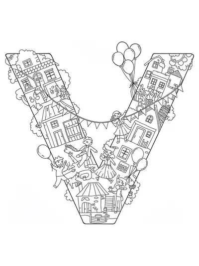 Outline drawing of the letter V with village houses, banners, balloons, and dancing people, medium detail for elementary children.