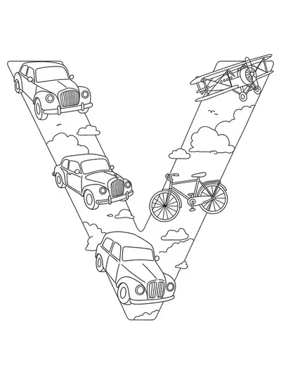 Black and white line art of the letter V with vintage cars, a bicycle, and airplane, medium detail for elementary kids.
